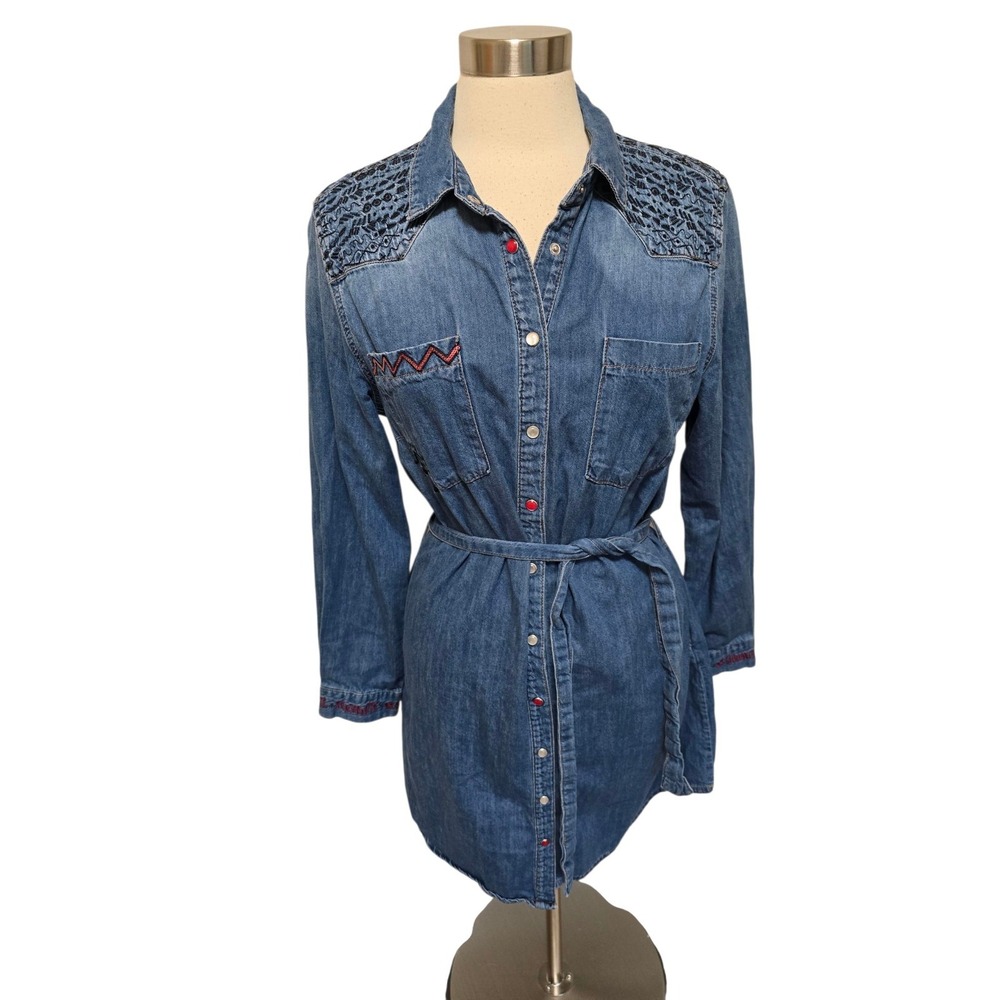 Desigual Womens Denim Shirt‎ Dress Size 44 Embroidered
